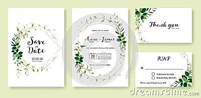 Greenery wedding Invitation, save the date, thank you, rsvp card Design template. Lemon leaf, silver dollar, olive leaves, Ivy Vector Illustration