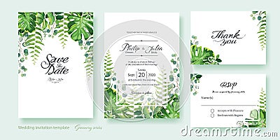 Greenery wedding Invitation, save the date, thank you, rsvp card Design template. Vector. Summer leaf, silver dollar eucalyptus, Vector Illustration