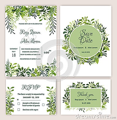 Greenery Wedding Invitation Suite Printable. Vector Illustration