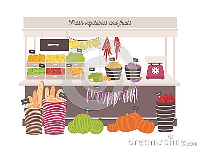 Greengrocery shop with awning or marketplace with fresh fruits, vegetables, scales and price tags. Place for selling Vector Illustration