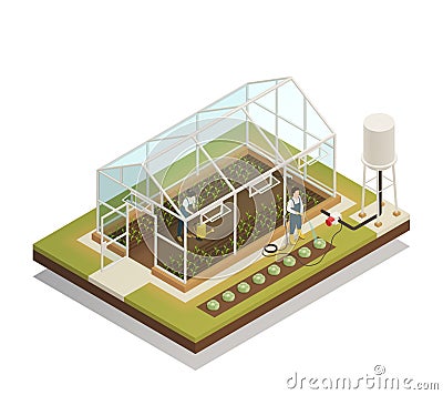 Greenhouse Facility Irrigation Isometric Composition Vector Illustration