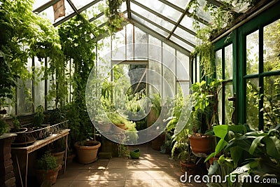 a greenhouse filled with lush greenery, making it the perfect place to escape and relax Stock Photo