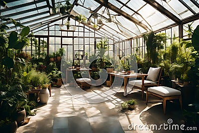 A greenhouse filled with a variety of plants and a serene, nature-inspired seating area for relaxation Stock Photo