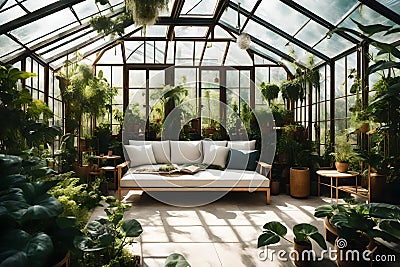 A greenhouse filled with a variety of plants and a serene, nature-inspired seating area for relaxation Stock Photo