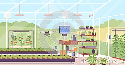 Greenhouse of future. Innovative agricultural industry smart planting house plant, drone irrigation iot mobile Vector Illustration