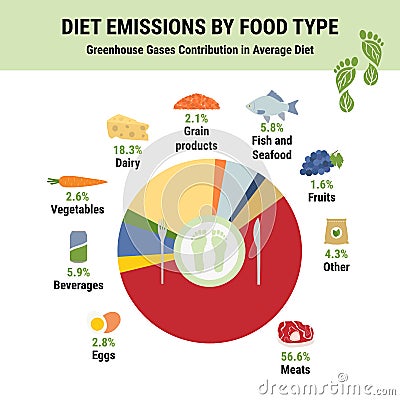 Greenhouse gases contribution in average diet. Carbon footprint of diet food type infographic. Plant-based diet, environmental, Vector Illustration