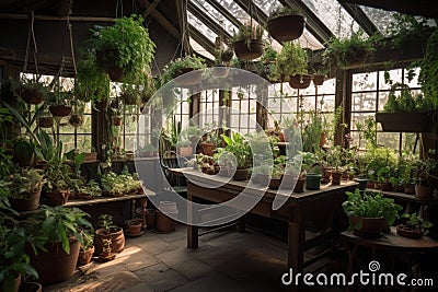 greenhouse with hanging plants, providing a restful atmosphere Stock Photo