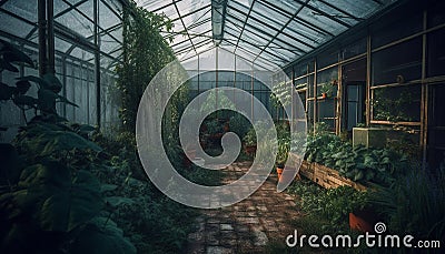 Greenhouse plant growth indoors, agriculture leaf farm gardening generated by AI Stock Photo