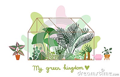 Greenhouse. Planting plant, pavilion decorative garden. Modern nature home and tropical trendy greenery. Seedlings Vector Illustration