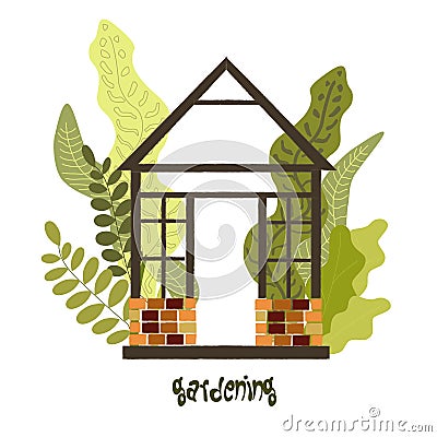 Greenhouse, plants growing inside glass greenhouse. Glasshouse or botanical garden. Concept of home gardening. Vector Illustration