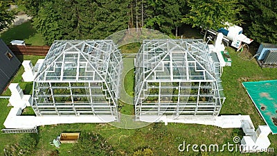 Greenhouse science station drone aerial open top chambers climate change research Bily Kriz, plant spruce Picea abies Stock Photo