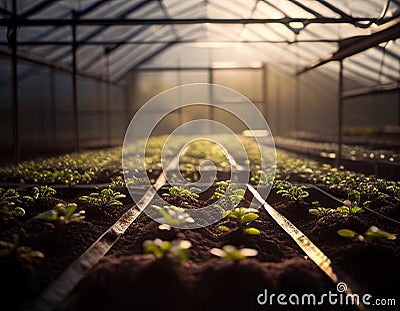 Greenhouse with young plants, healthy food, industrial agriculture concept. Generative AI Stock Photo