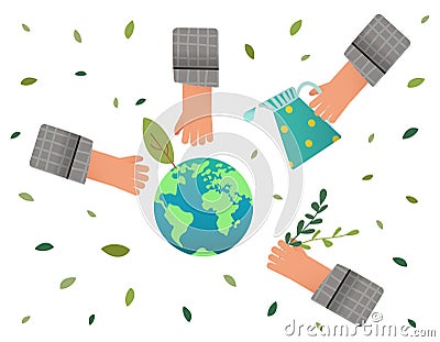 Greening planet Earth. People's hands are carefully planting and watering trees and plants. Clipart Stock Photo