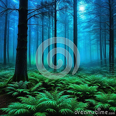 greenish glowing fantasy forest Cartoon Illustration