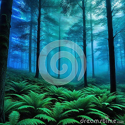 greenish glowing fantasy forest Cartoon Illustration