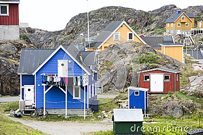 Greenlandic houses between rocks, Sisimiut Editorial Stock Photo