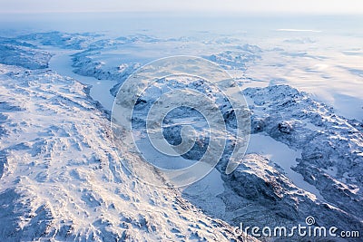 Greenlandic ice cap with frozen mountains and fjord aerial view, near Nuuk, Greenland Stock Photo