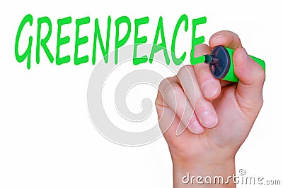 Greenpeace lettering, handwriting marker on the glass. The concept of environmental conservation Stock Photo