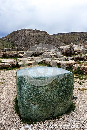 Greenstone cube in Hattusa, ancient Hittite capital, gift from pharaoh Ramesse II. Corum, Turkey Stock Photo