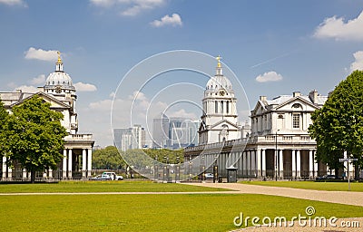 Greenwich Royal navy office, classic colonnade and Canary Wharf business district on the background Editorial Stock Photo