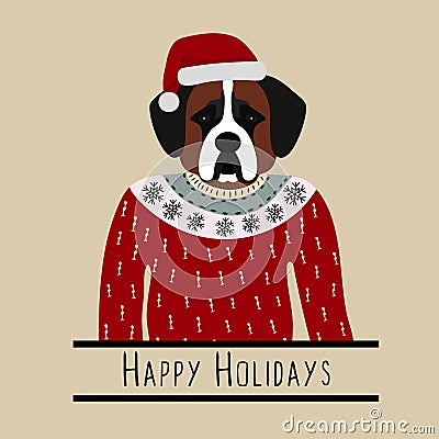 Greeting background with Saint Bernard. A dog with a hat of Santa Claus. Vector Illustration