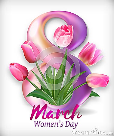 Greeting banner with gerbera flower and ribbon. 8 March - International Womens Day. Vector illustration EPS10 Vector Illustration