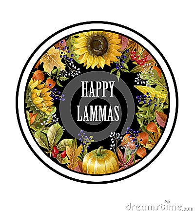 Greeting banner of Lammas holiday with autumn leaves, fruits, berries and vegetables. Vector illustration. Stock Photo