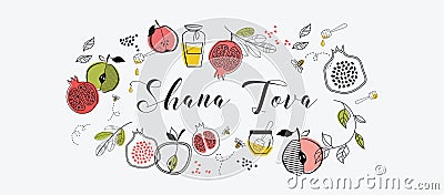 Greeting banner with symbols of Jewish holiday Rosh Hashana , New Year. blessing of Happy new year, shana tova. vector Vector Illustration