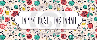 Greeting banner with symbols of Jewish holiday Rosh Hashana , New Year. with white frame for place for your text. vector Vector Illustration