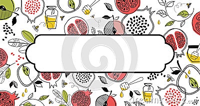 Greeting banner with symbols of Jewish holiday Rosh Hashana , New Year. with white frame for place for your text. vector Vector Illustration