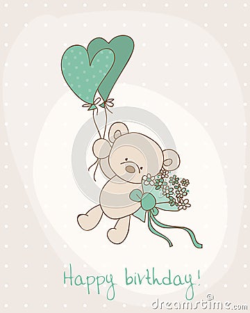 Greeting Birthday Card with Cute Bear Vector Illustration