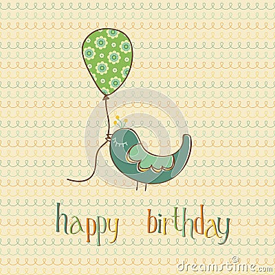 Greeting Birthday Card with Cute Bird Vector Illustration