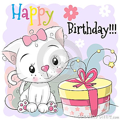 Greeting Birthday card cute Kitten with gift Vector Illustration