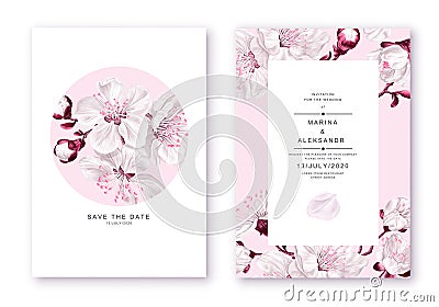 Floral wedding invitation card template with realistic vector sakura flowers in templates for wedding invitations Vector Illustration