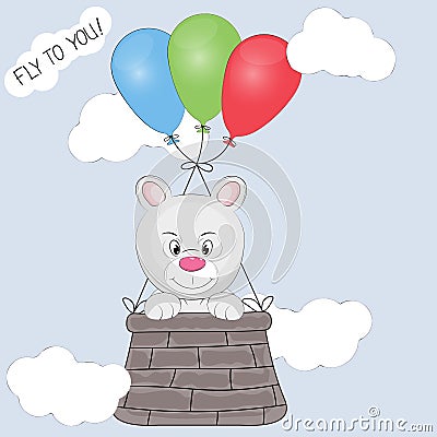 Greeting card the bear cub flies in a basket tied to balloons. Vector Illustration