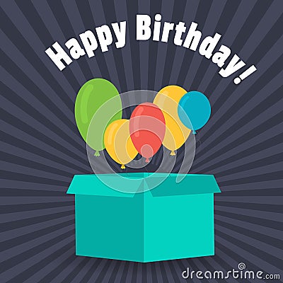 Greeting card with a birthday. Balloons fly out of the box for gifts. Flat design. Vector Illustration