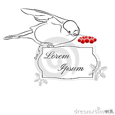 Greeting card with blank frame, snowflakes and bullfinch, holding in its beak a branch of mountain ash. Vector Illustration