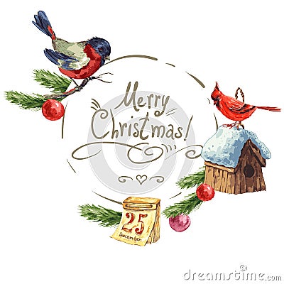 Greeting card with bullfinch, Birdhouse Christmas Vector Illustration