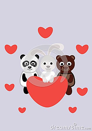 Greeting card with cartoon animals and hearts. Valentine with Bunny, bear and Panda Vector Illustration