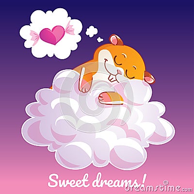 Greeting card with a cartoon hamster on the cloud Vector Illustration