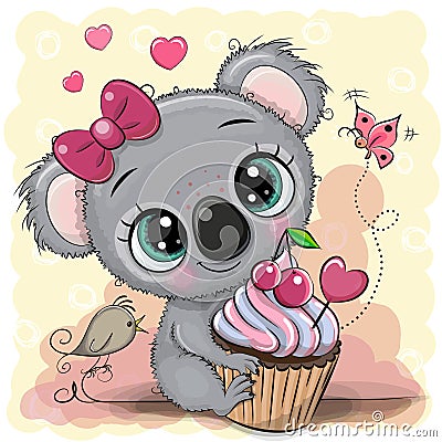 Greeting card Cartoon Koala with cake Vector Illustration