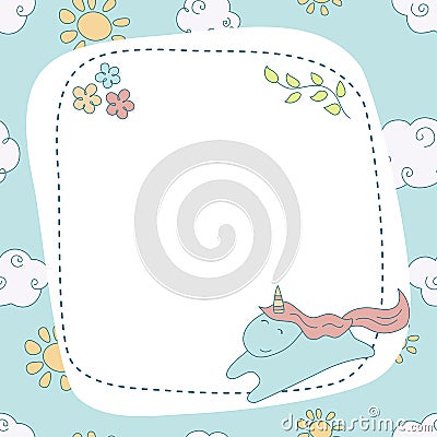 Greeting card with cartoon unicorn. Vector Illustration