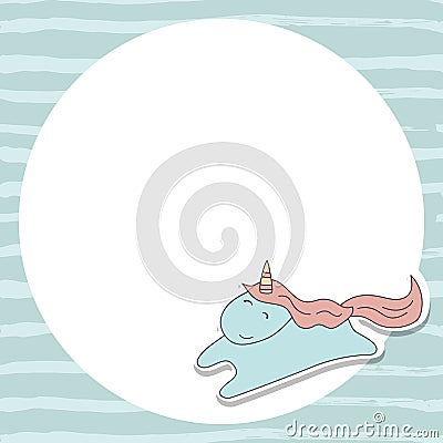Greeting card with cartoon unicorn. Vector Illustration