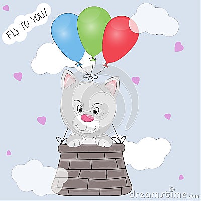 Greeting card the cat cub flies in a basket tied to balloons. Vector Illustration