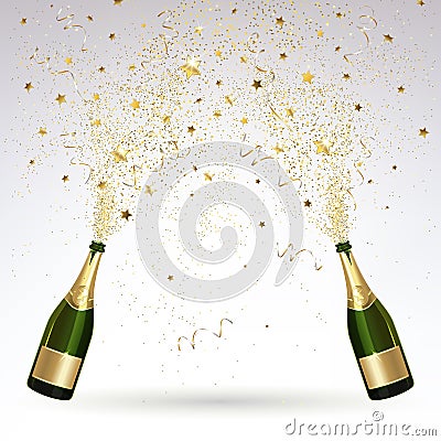 Greeting Card with Champagne and Gold Confetti Salute Vector Illustration