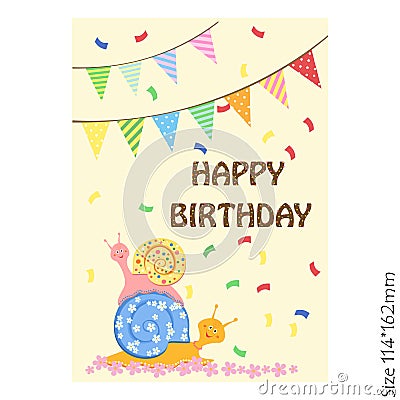 Greeting card for children happy birthday. Funny snail and colorful festive banners. Joy, happiness, children. Vector Illustration