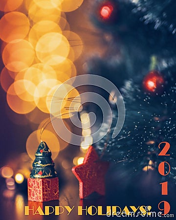 Happy Holidays 2019, beautiful Christmas tree with Christmas lights Stock Photo