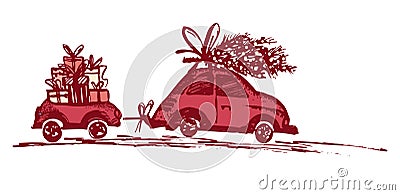 Greeting card with Christmas tree on car roof and car trailer with xmas gifts. Cartoon Illustration