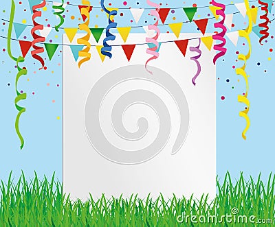 Greeting card with colorful flags and confetti on green grass. Stock Photo