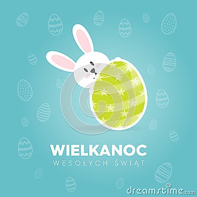 Greeting card concept Happy Easter in Polish, bunny holding a decorated Easter egg Stock Photo